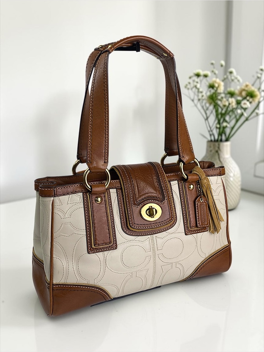 Coach Embossed Hampton Turnlock Satchel Cream Ivory Tan